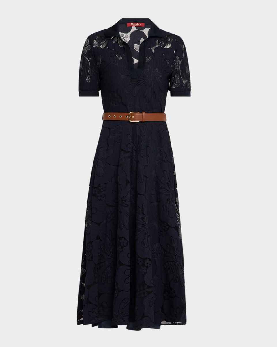 Lambro Belted Floral Lace Midi Dress
